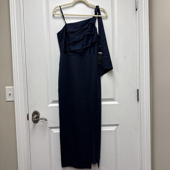 New Adrianna Papell Women’s Size 4 Navy Blue Satin One-Shoulder Gown Dress Maxi - Picture 6 of 14